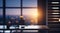 Evening Ambiance: Blurred Office Workspace Interior with Table in Front.