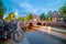 Evening in Amsterdam. Panoramic views of the famous old houses, bicycles, bridge and canal in the old center. Long exposure.