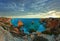 Evening Atlantic rocky coastline top twilight view Marinha Beach, Lagoa, Algarve, Portugal