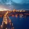 Evening bird view of Prague across Vltava rive