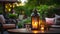 evening cafe terrace outside ,blurred lantern candle light, soft sofa ,cozy atmosfear on evening