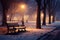 Evening charm wooden bench, city park, winter lights, illustration beauty