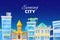 Evening city cartoon vector illustration with blue sky and stars, old and morden buildings urban cityscape.