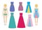 Evening and cocktail dresses for paper dolls girl, woman set, vector.