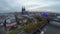 Evening Cologne aerial shot, large German city, Cathedral bridge