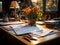 Evening desk with paperwork in soft light