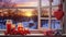 Evening Elegance - Atmospheric Christmas window sill decoration with beautiful sunset view. Generative AI