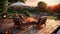 Evening Elegance. The Garden Patio\\\'s Dance of Wooden Seats, Coffee Table, and Sunset. Generative AI