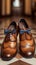 Evening elegance mans brown leather shoes with a bow tie
