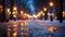 Evening empty street in winter with Christmas lights. Coziness. Winter decorations. Snowy road with street lights