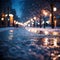 Evening empty street in winter with Christmas lights. Coziness. Winter decorations. Snowy road with street lights