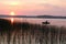 Evening fishing. Silhouette of a fisherman in a boat on the big lake. Fishing against the setting sun. Sedge growing along the