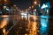 Evening Glow: Urban Lights Dance on Wet Pavement.