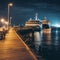 evening harbor ,port at Night in Tallinn , on the pier walking people ,romantic couple, cruise ship