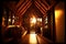 evening interior of wooden bungalow tiny house illuminated by rays of sun