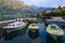 Evening landscape with moored boats in Kotor Bay