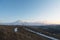 Evening landscape panorama northern prielbrusya immediately after sunset. Blue hour. Snowy volcano Elbrus. North