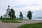 Evening landscape with trees church and lake Seliger, Russia