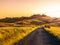 Evening landscape of Tuscany with curvy aspalt road, Italy