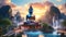 Evening light, a striking Big Blue Buddha statue stands majestically amidst the picturesque landscape of cascading waterfalls.