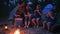 Evening meal near flames on nature, family enjoying corn with salt, picnic on outdoors, travel camping