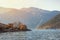 Evening Mediterranean landscape. Montenegro, view of the Bay of Kotor, Stoliv village and Perast town