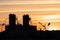 Evening outline of the city. The silhouette of the factory against the sky or sunset. The tower crane operates on the territory of