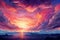 Evening panorama, colorful watercolor, sunset sky, vibrant artistic hues