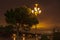 Evening panorama near the city lake, a lantern with a tree in the background of the urban light in the night sky