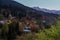 Evening  panoramic view of Mestia village in Svaneti and mountain peaks in the snow in the mountainous part of Georgia