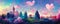 Evening paradise landscape with pink hearts in the sky, fantasy illustration, idyllic scenery