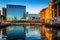 Evening reflections of buildings at the Inner Harbor in Baltimore, Maryland.