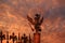 Evening in Saint Petersburg. View of double eagle on the gate on Palace Square at sunset in St. Petersburg