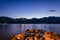 Evening scene at lago di garda: Lake, rocks and village