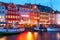 Evening scenery of Nyhavn in Copenhagen, Denmark