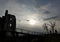 Evening silhouette of bridge and ruins of Oponice fortress, Slovakia