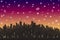 Evening snowy landscape city. Metropolis skyline wallpaper with snowflakes. Winter cityscape silhouette with windows. Jpeg