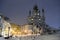 Evening snowy view of St. Andrew Church from Desyatynna Street in Kyiv, Ukraine. March 2021