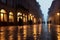 Evening streets of the old town with bright orange lanterns reflecting off the wet cobblestones in the rain with fog and