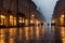 Evening streets of the old town with bright orange lanterns reflecting off the wet cobblestones in the rain with fog and