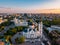 Evening summer Voronezh cityscape. Annunciation Cathedral and Tower of Management of South-east railway at sunset