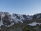 Evening sunset summer view of Bremer Hutte, terrace with snow-capped moutain peaks, Stubai Alps, Tyrol, Austria