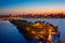 Evening sunset in Voronezh. View to Voronezh water reservoir and island connected with bridges