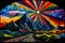 Evening time. Psychedelic mountain landscape. Beautiful illustration picture. Generative AI