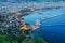 Evening top view of the bay of the Mediterranean Sea and cityscape with the old historic tower, Alanya, Turkey