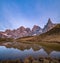 Evening twilight autumn alpine Dolomites mountain scene, Trento, Italy. Lake or Laghetto Baita Segantini view