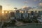 Evening urban landscape of downtown district of Miami Brickell in Florida, USA. Skyline with dark high skyscraper