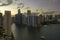 Evening urban landscape of downtown district of Miami Brickell in Florida, USA. Skyline with dark high skyscraper