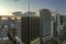 Evening urban landscape of downtown district of Miami Brickell in Florida, USA. Skyline with high skyscraper buildings