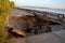 Evening view of the failure formed on the pedestrian section of the Volga River embankment.